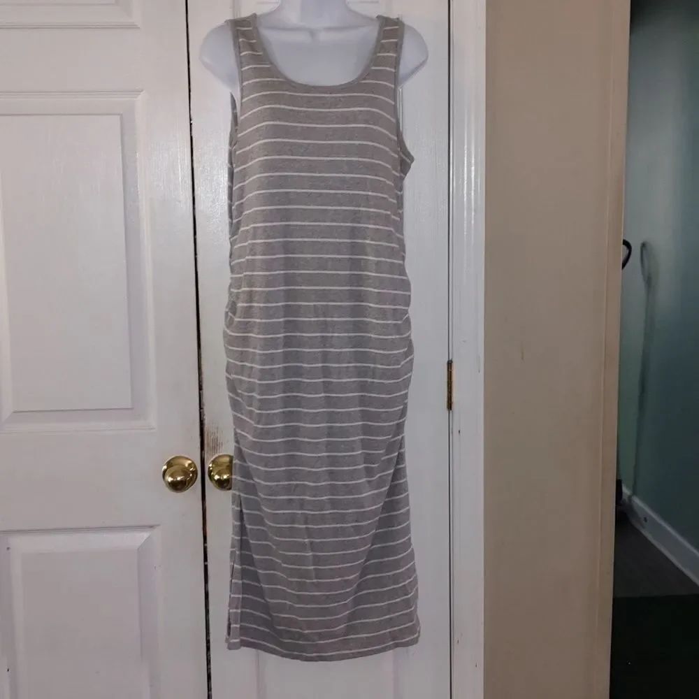 A Glow Maternity gray and white striped sleeveless summer dress Sz L